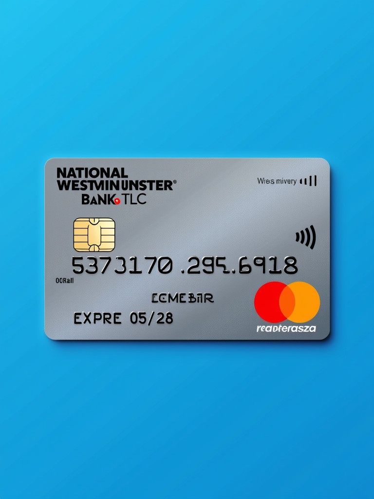 Realistic debit card featuring MasterCard logo and NATIONAL WESTMINSTER BANK PLC. Card number 5373170189629818 clearly visible. Name Esme Barr displayed on card. Expiry date 05/28 shown prominently. Blue background creates clean look.