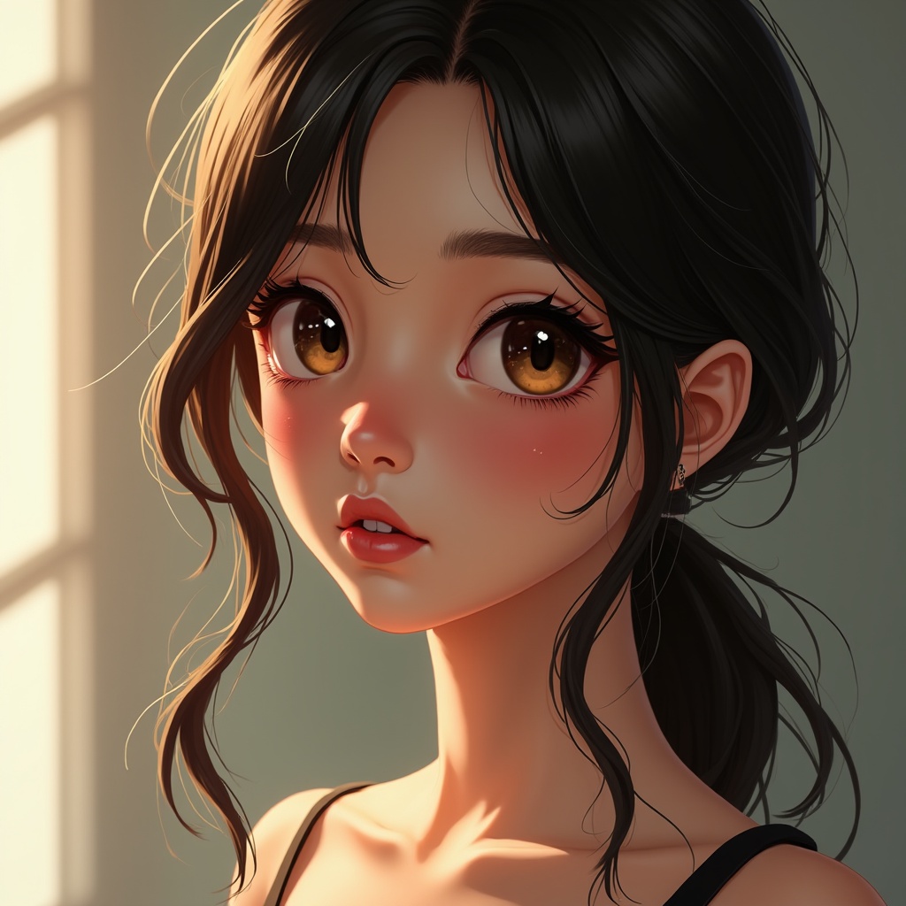 This digital illustration portrays a young woman with strikingly large and expressive eyes, full of depth and emotion. Her dark hair is gently tousled, framing her delicate, flushed face. The soft lighting adds warmth and highlights the gentleness of her features, creating an intimate and serene ambiance.