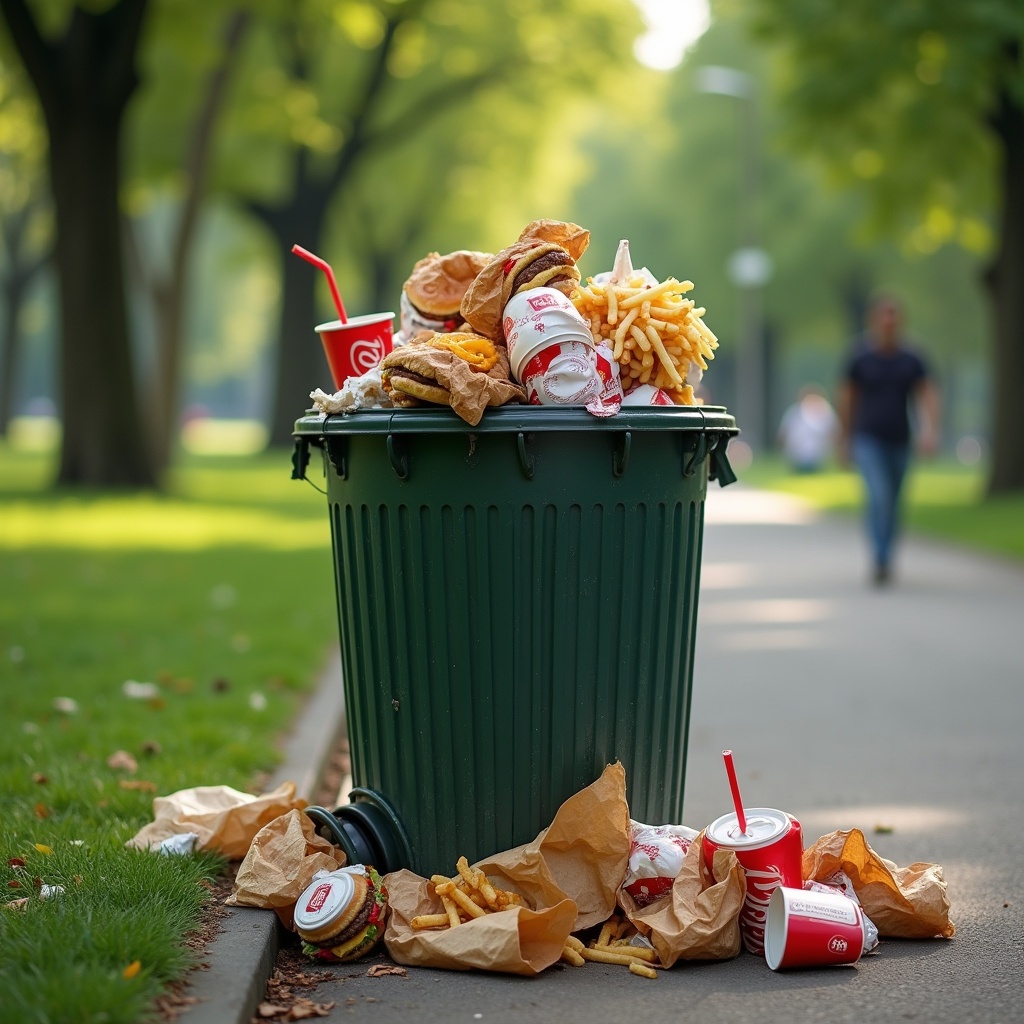 Photorealistic image features an overflowing trash can in a public park. Trash consists of single-use fast-food packaging like crumpled burger wrappers and empty soda cups. Some waste spills onto the ground. Background shows a lush green park with trees and walking path. Natural lighting creates depth with soft shadows.