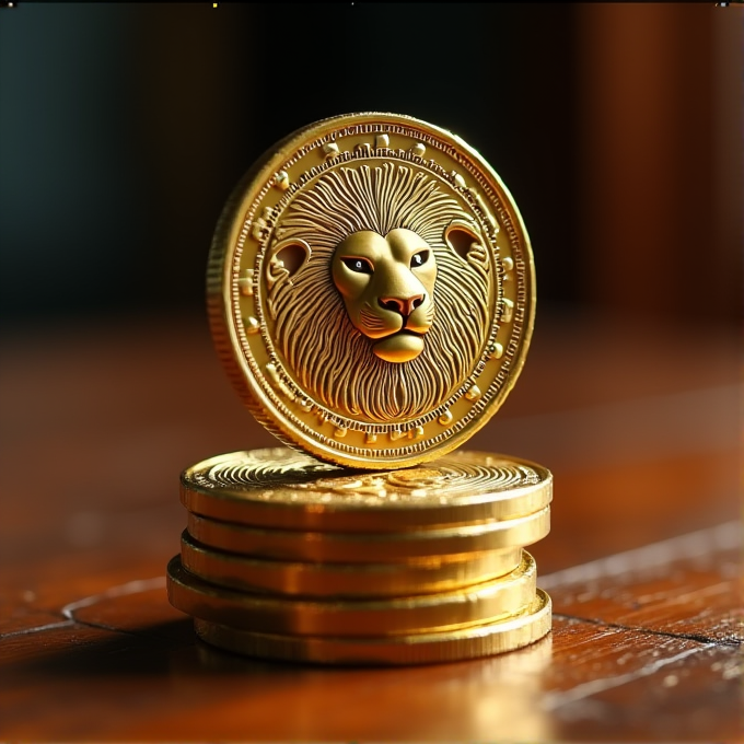 A stack of golden coins features a prominent lion's face on one of the coins.