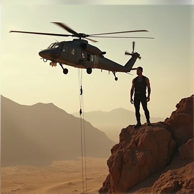 A man stands on rocky terrain beside a hovering helicopter in a desert landscape.