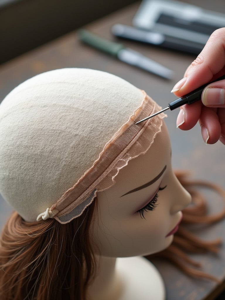 Close-up of a ventilating needle threading hair strands into a lace wig. Focus on the delicate lace base on a wig block. Scene emphasizes precision and professional tools in use. Soft natural light highlights the details.