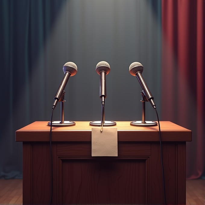 A wooden podium with three microphones, set against a dimly lit stage with curtains, suggesting a formal event setting.