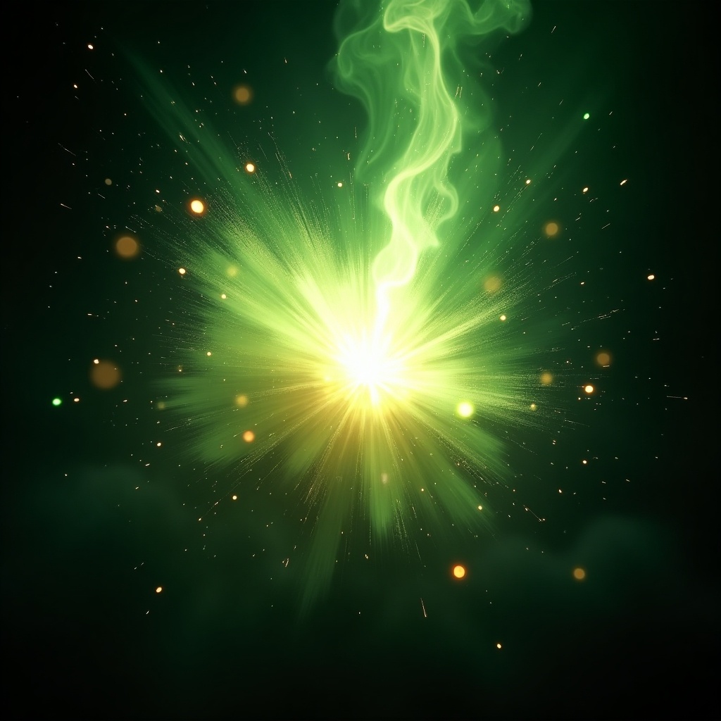 A bright green explosion radiates outward. The explosion captures mystical energy. Surrounding sparks and glowing fragments add vibrancy. A dark background enhances the brilliance.