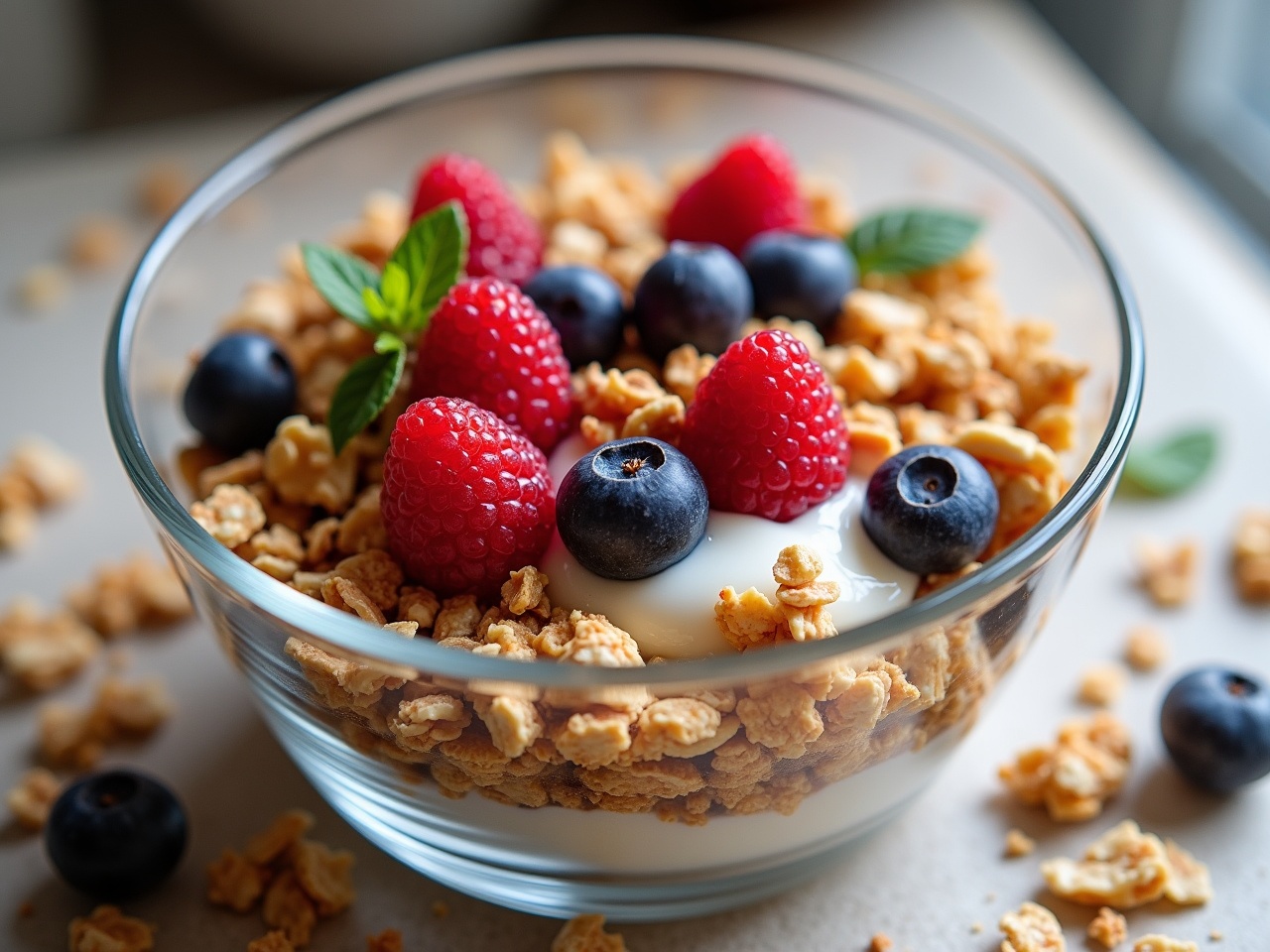 The image features a bigger transparent bowl filled with granola and yogurt, topped with an array of ripe berries and a sprinkle of hazelnuts. The granola is crunchy and textured, providing an inviting base. Fresh red raspberries and blueberries create a vibrant contrast against the creamy yogurt. Coconut flakes add a decorative touch, enhancing the overall presentation. Soft natural lighting makes the colors pop, appealing to health-conscious viewers looking for a delicious breakfast option.