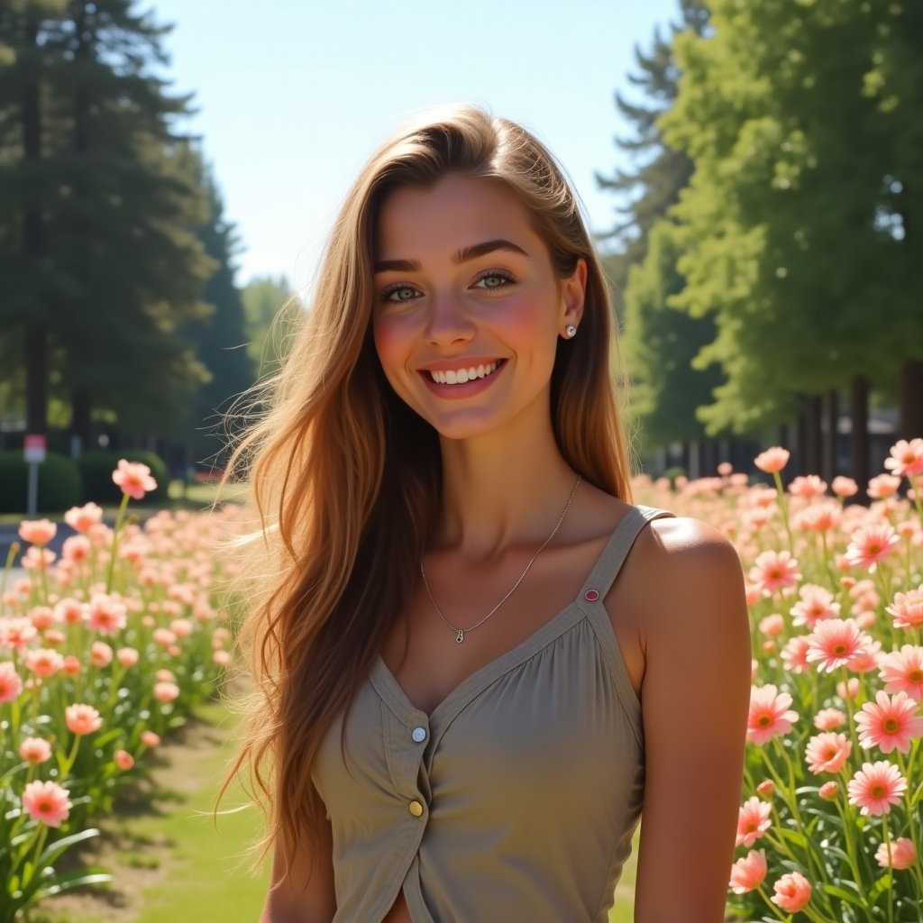 The image depicts a young woman standing amidst a beautiful floral garden. She is casually dressed and exudes a relaxed vibe. The scene is bright and inviting, filled with blooming flowers. The lush greenery surrounds her, enhancing the natural beauty of the setting. This image captures a moment in a serene outdoor environment.