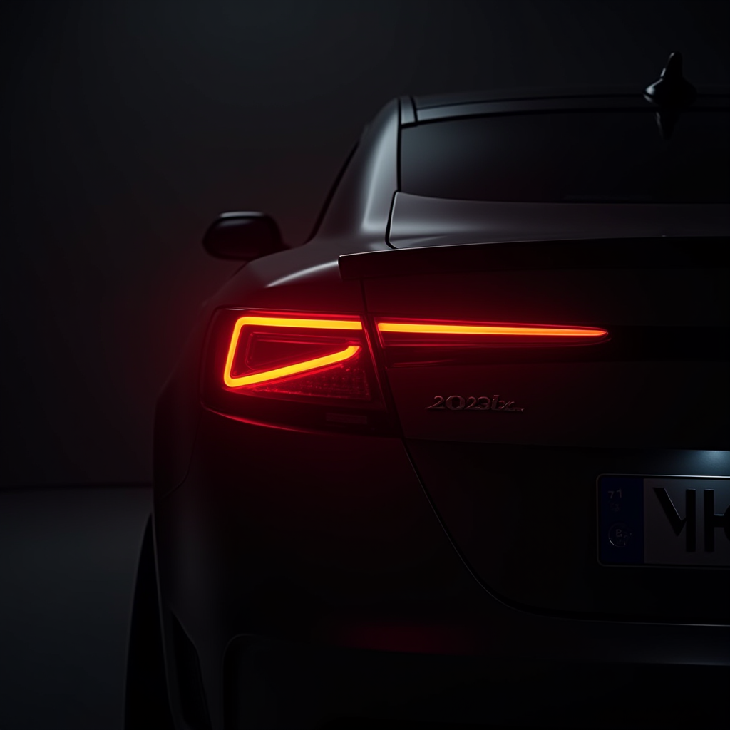 A close-up of a car's sleek rear with glowing red tail lights against a dark background.