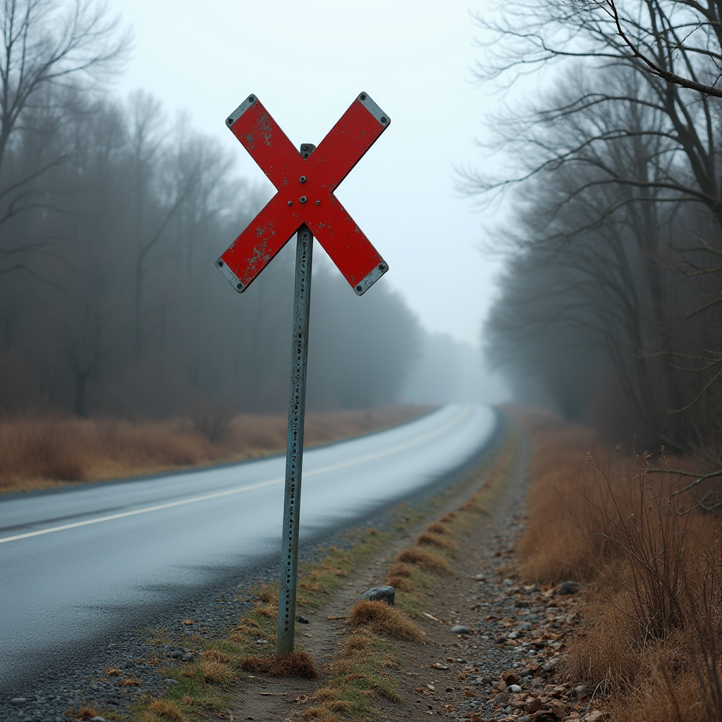 A red cross-shaped sign stands along a misty rural road lined with bare trees.