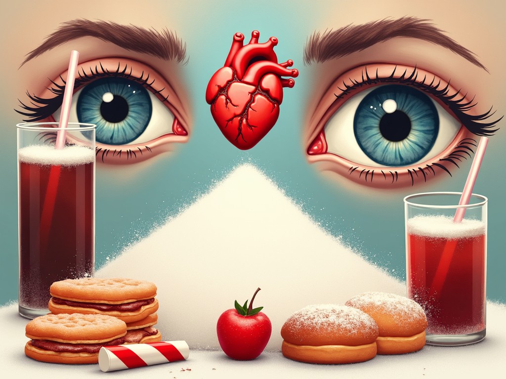 This image depicts the negative impacts of sugar on health, particularly focusing on the eyes and heart. At the center, a realistic human heart is shown above two large, expressive eyes. In the foreground, there is a pile of sugar with glasses of soda and unhealthy snacks like cookies and donuts around. The color palette features vibrant blues and reds, symbolizing the contrast between attraction to sweet foods and their detrimental effects. This composition aims to raise awareness about sugar consumption and its health implications.