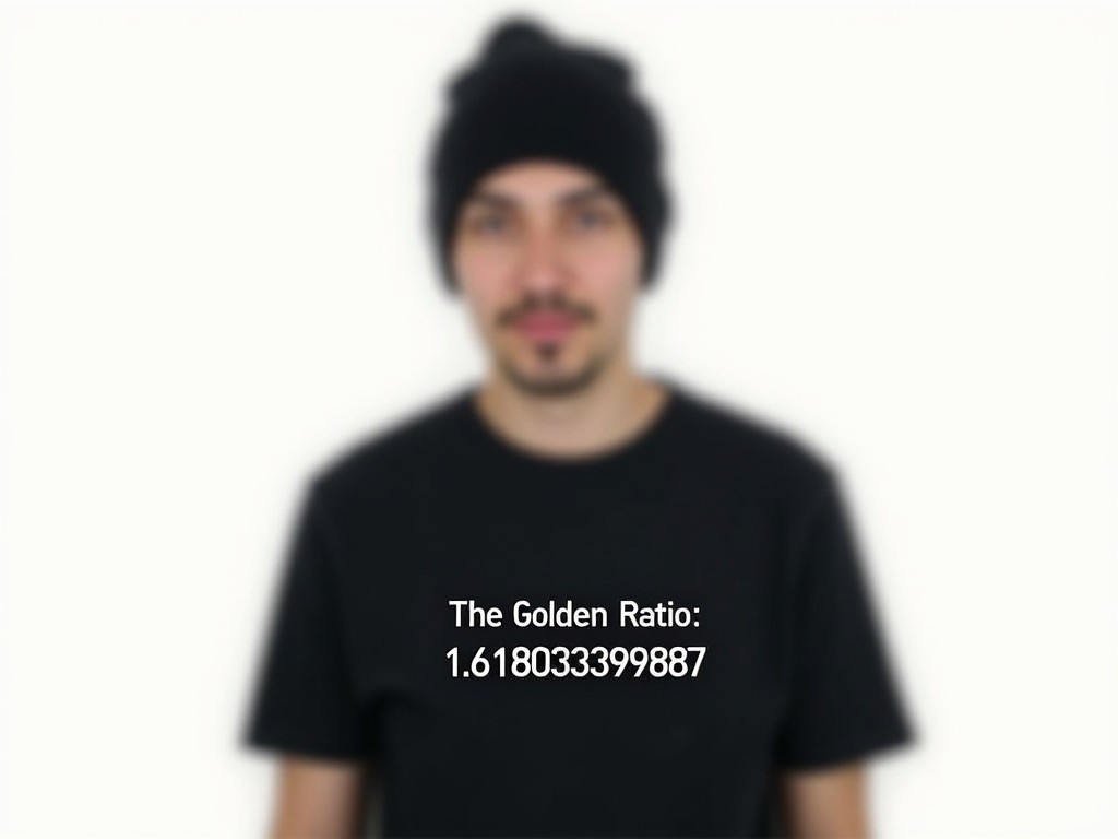 A blurred portrait of a person wearing a black t-shirt with 'The Golden Ratio: 1.618033399887' printed on it, against a white background.