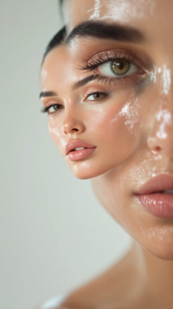 Portrait of a beautiful woman with glossy skin texture. Focus on facial features and skin natural glow. Close-up shot emphasizes skin quality and beauty.