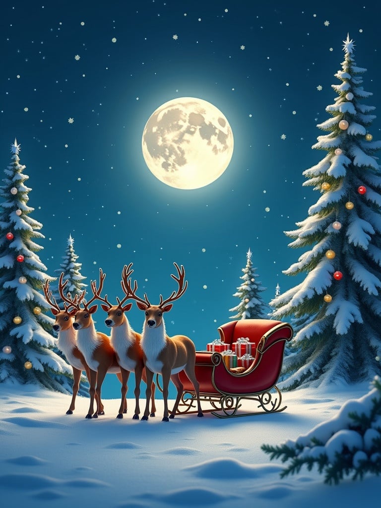 Realistic image depicting a sleigh pulled by three reindeer in a snowy landscape during night. Christmas trees with decorations surround. Bright moon shines with a halo. Stars scatter across the sky. Presents rest in the sleigh.