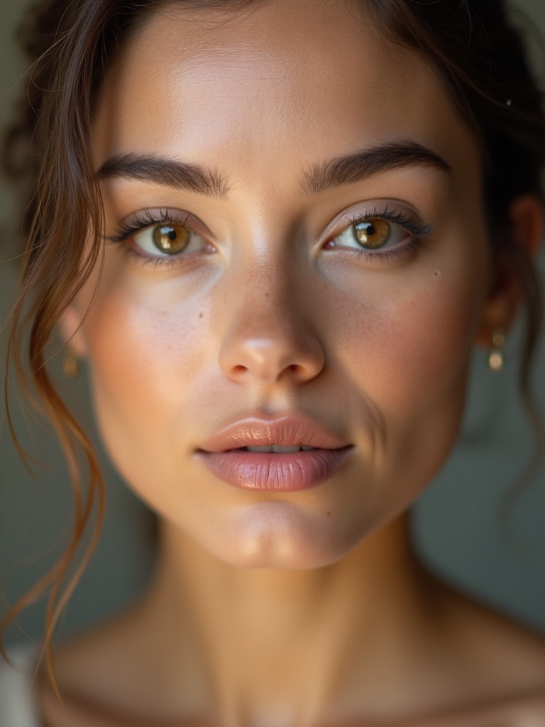 Closeup portrait features a beautiful woman. Focus on elegance and beauty. Soft lighting creates a warm tone. Hair styled in loose waves adds to the gentle aesthetic.