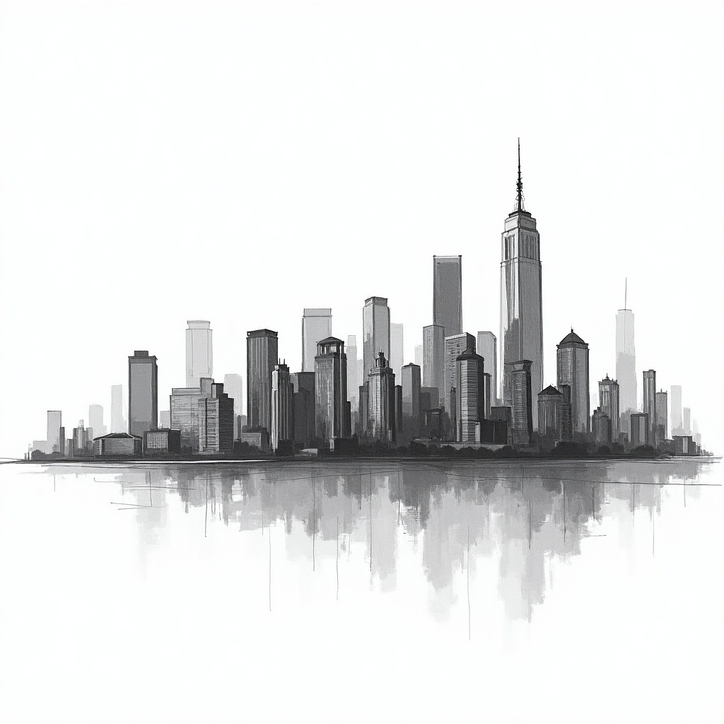 Hand-drawn sketch of a city skyline showcasing towering skyscrapers and a detailed urban landscape. The illustration employs a monochrome palette of black, white, and gray to emphasize the architectural features. Reflections of the skyline can be seen in a calm surface below, adding depth to the composition. The intricate lines and shading give the artwork a hyper-realistic quality, making it visually engaging. Ideal for various applications including wall art and print merchandise.