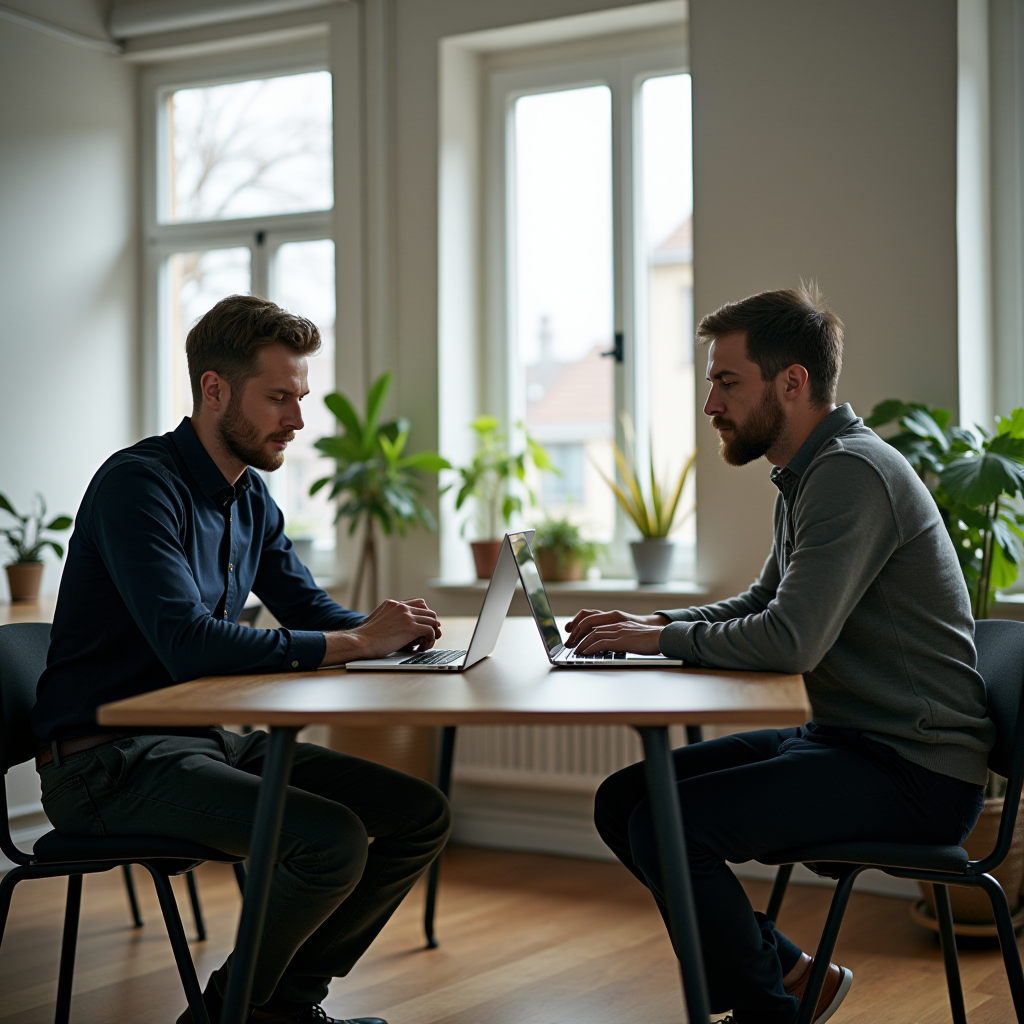 Two men focused on laptops in a bright office with plants.