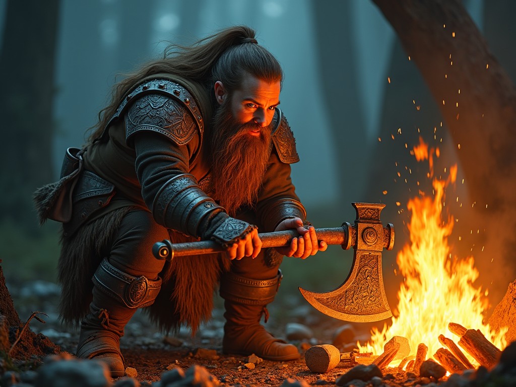 A fantasy warrior with long hair and beard, clad in medieval armor, crouches beside a campfire in a misty forest at dusk, holding an ornate battle axe.