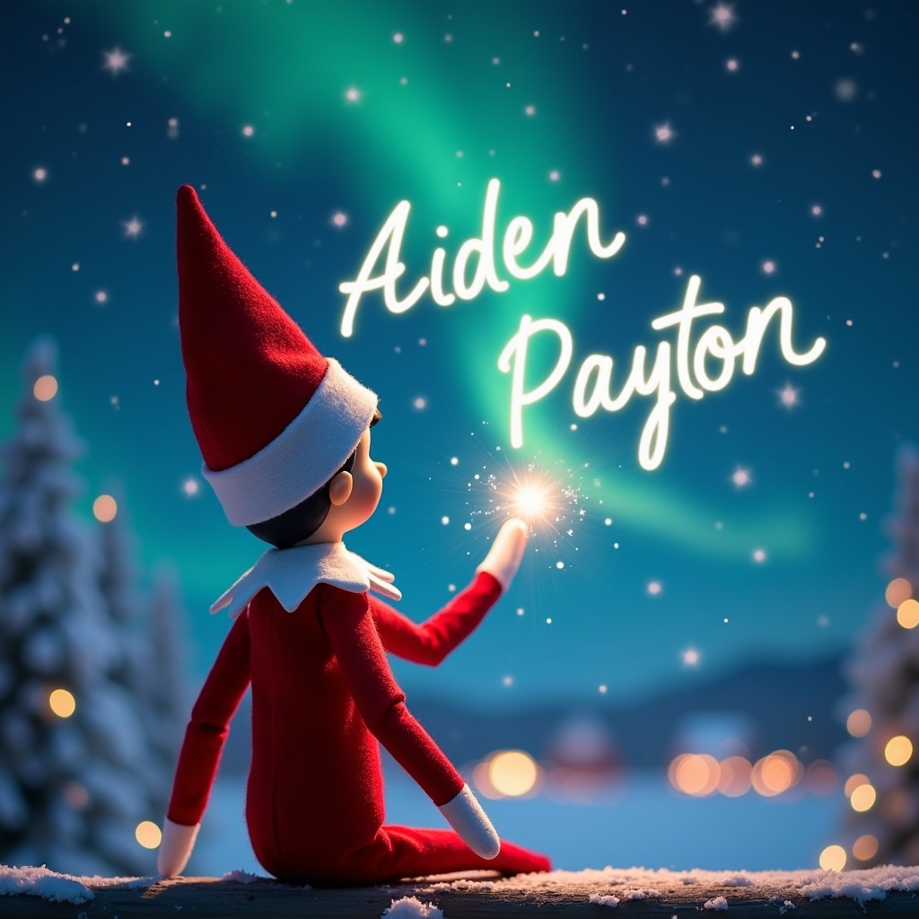 The image features an Elf on the Shelf positioned with its back to the viewer, gazing up at a spectacular night sky filled with northern lights. The elf, dressed in traditional red and white attire, is using a magical wand to elegantly write the names 'Aiden' and 'Payton' in shimmering lights. The background emphasizes a magical Christmas atmosphere, showcasing the wonder of the season. Soft glowing stars complement the view, enhancing the enchantment of the scene. This visual perfectly captures the whimsical spirit of Christmas, inviting warmth and joy.