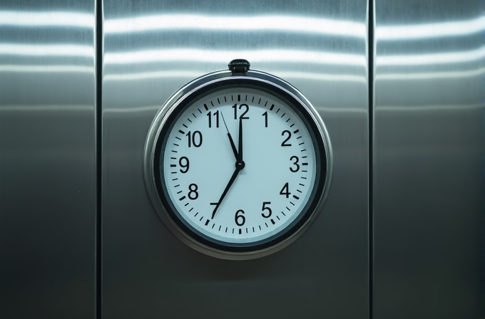 A round wall clock with black numerals and hands, set at 10:09, mounted on a sleek metal wall with reflective, vertical lines.