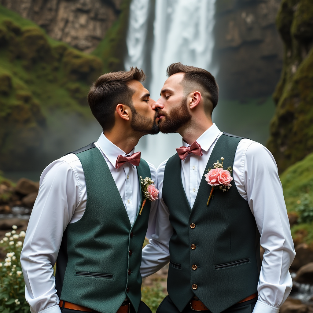 A couple shares a kiss in elegant attire against a waterfall backdrop.