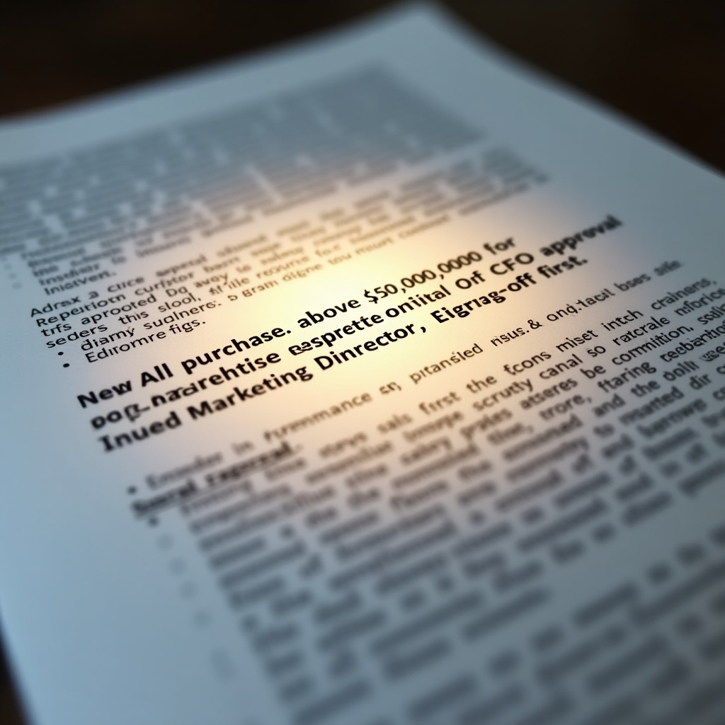 This image shows a close-up view of a financial policy document with important statements highlighted by a spotlight effect. The blurred background enhances the focus on the text, which outlines key approval requirements for purchases and expenses. Specifically, it states that all purchases above $10,000 require CFO approval, and marketing expenses over $5,000 need Marketing Director sign-off first. The contrast between the highlighted text and the blurred surrounding adds to the readability of the policy. This setup is ideal for visuals in corporate training and compliance materials.