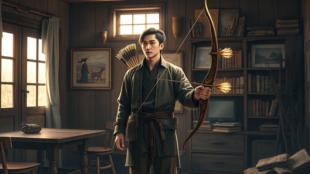 A man dressed in traditional attire holds a bow inside a rustic, book-lined room.