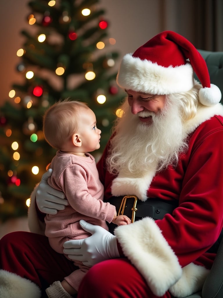 Baby celebrating first Christmas with Santa Claus. Festive atmosphere with holiday ornaments. Warm interaction depicted between baby and Santa in a cozy setting.