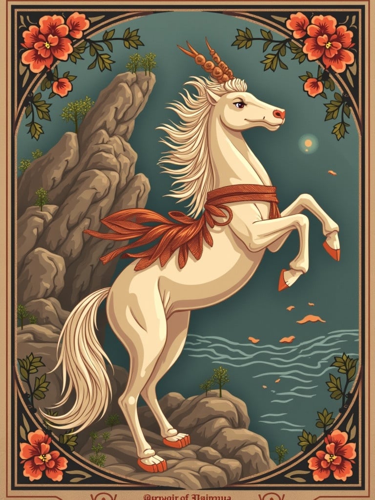 Unicorn in a natural landscape with flowers and mountains. The unicorn stands majestically on its hind legs. It features flowing mane and ornate ribbons.