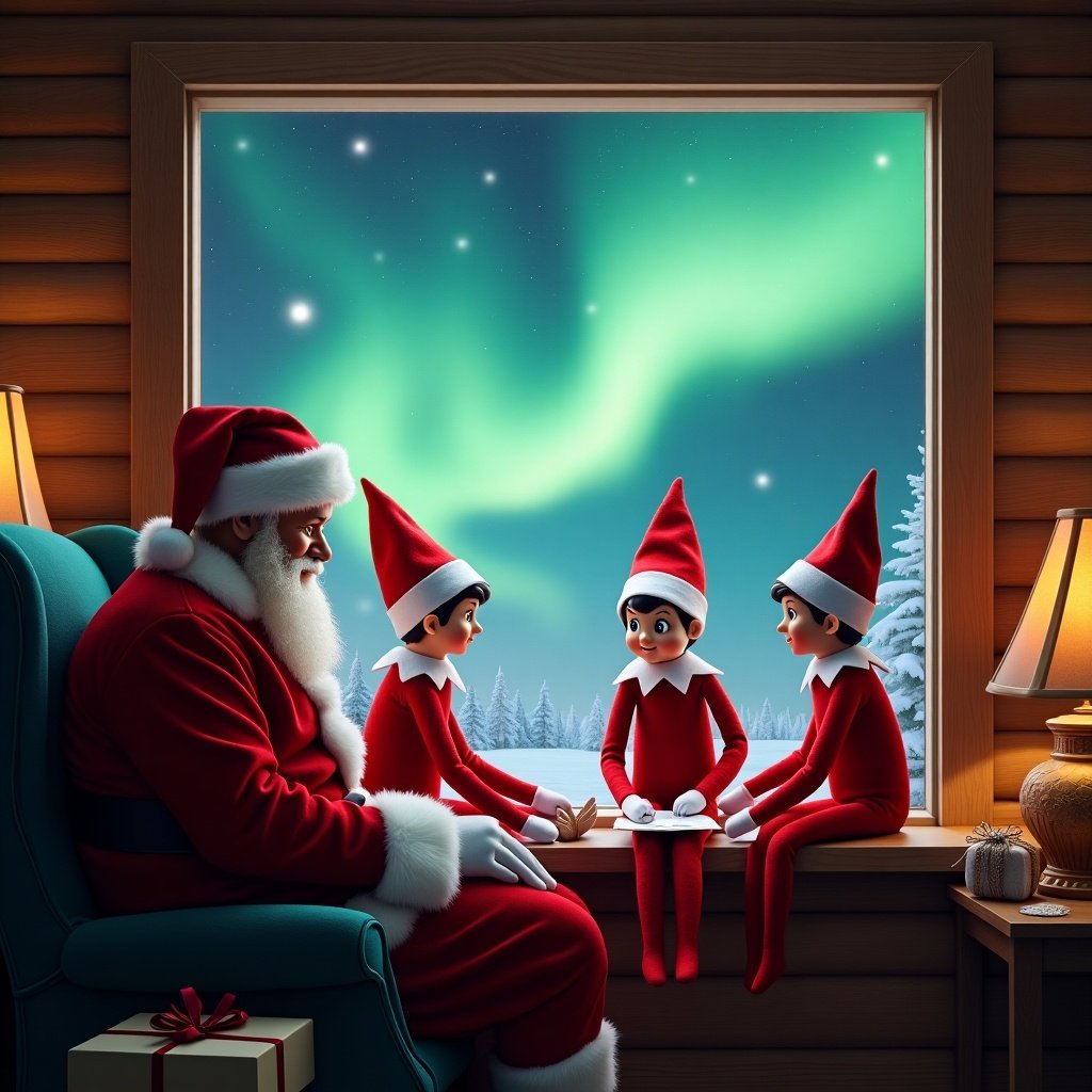 The image depicts a cozy cabin scene featuring Santa Claus with two elves by a window. Outside, a stunning display of northern lights illuminates the night sky. Together, they are writing notes, preparing for the upcoming holiday season. The ambiance is warm and inviting, embodying the magic of Christmas. This festive setting highlights the excitement and spirit of giving. The name 'Landyn' is glowing in the sky, adding a personal touch to the scene.