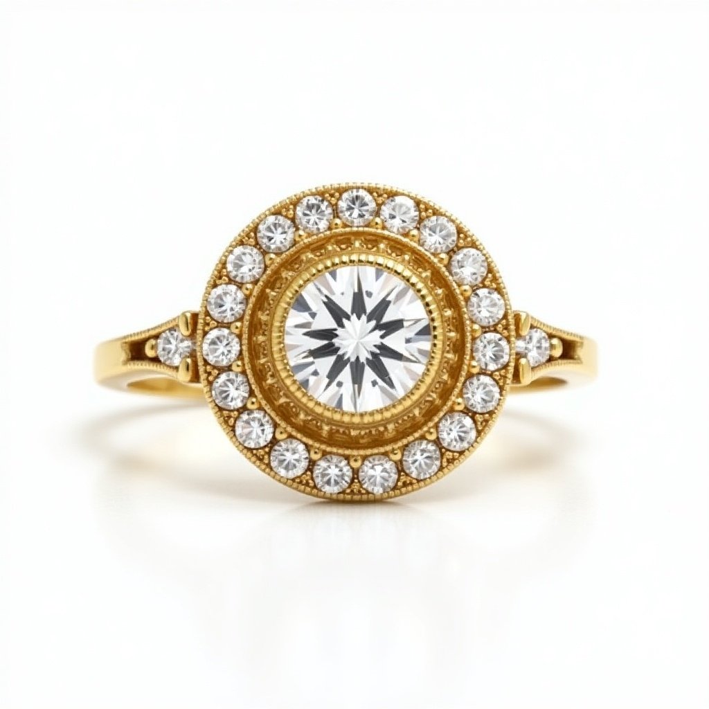 This is a beautifully crafted gold target-set ring featuring a stunning centerpiece. At its core lies a 2-carat round brilliant cut diamond, elegantly nestled in a milgrain bezel. The main diamond is encircled by a ring of 16 diamonds, enhancing its brilliance. Surrounding this, a halo of 28 tiny brilliant cut diamonds adds to the overall sparkle. The design flows seamlessly with three additional diamonds adorning each shoulder, showcasing exquisite craftsmanship and detail.