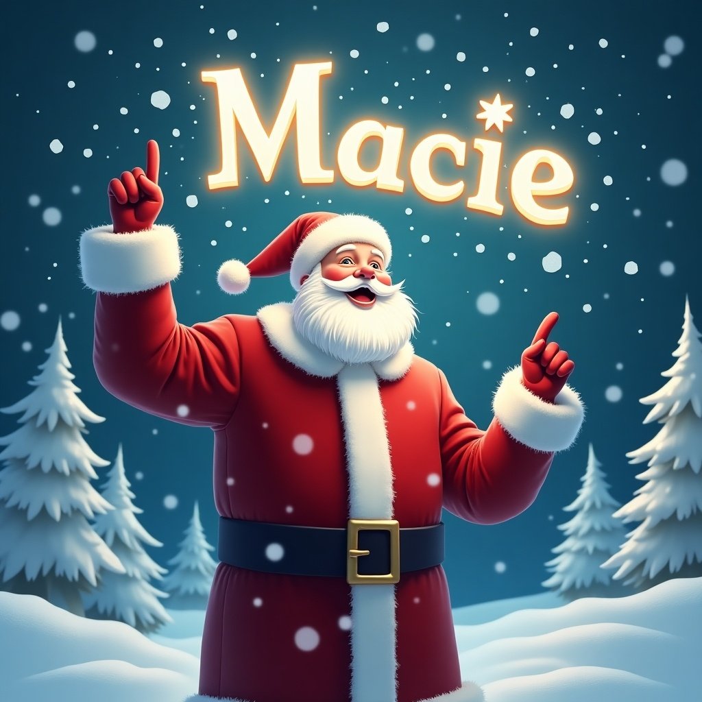 The image depicts a joyful Santa Claus standing in a winter wonderland. He is dressed in his traditional red suit with white trim and a matching hat. Santa is pointing upward as if he is magically writing a name in the sky. Snowflakes gently fall around him, adding to the festive atmosphere. In the sky, the name 'Macie' is written in bright, glowing letters. The background features snowy trees, enhancing the Christmas scene.