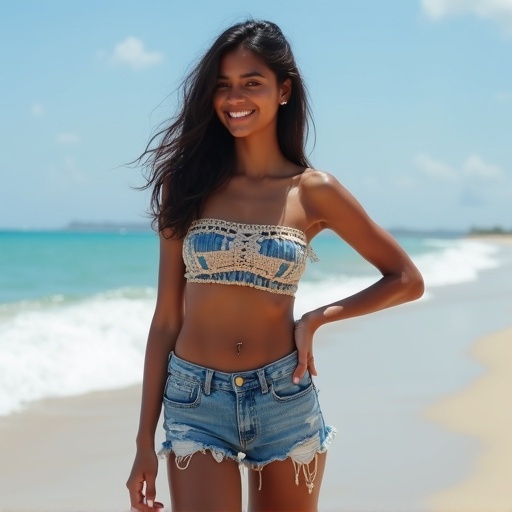 Beautiful Indian girl stands on the beach wearing a bandeau top and denim shorts. She smiles while touching her pelvis. Dark skin enhances her overall appearance. The ocean and sand surround her creating a perfect beach scene.