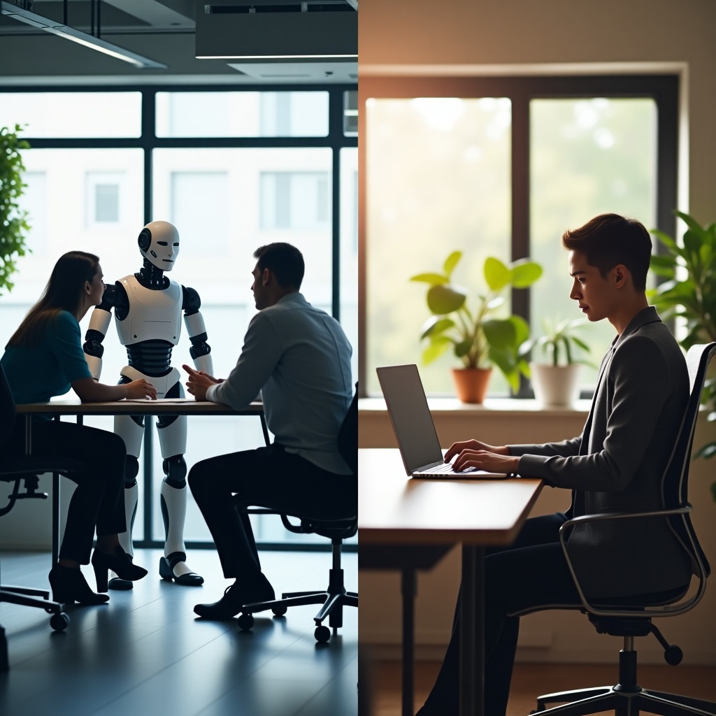 The image features a dual scene. On one side, professionals engage in a lively discussion with a humanoid robot in a bright, modern office. The setting is filled with natural light and sleek furniture, symbolizing collaboration with technology. The other side shows an individual working alone at a desk, focused on a laptop amidst a peaceful atmosphere with plants. This contrast highlights themes of teamwork and individual productivity. Together, the two scenes encapsulate the blend of human effort and technological support in today’s work life.