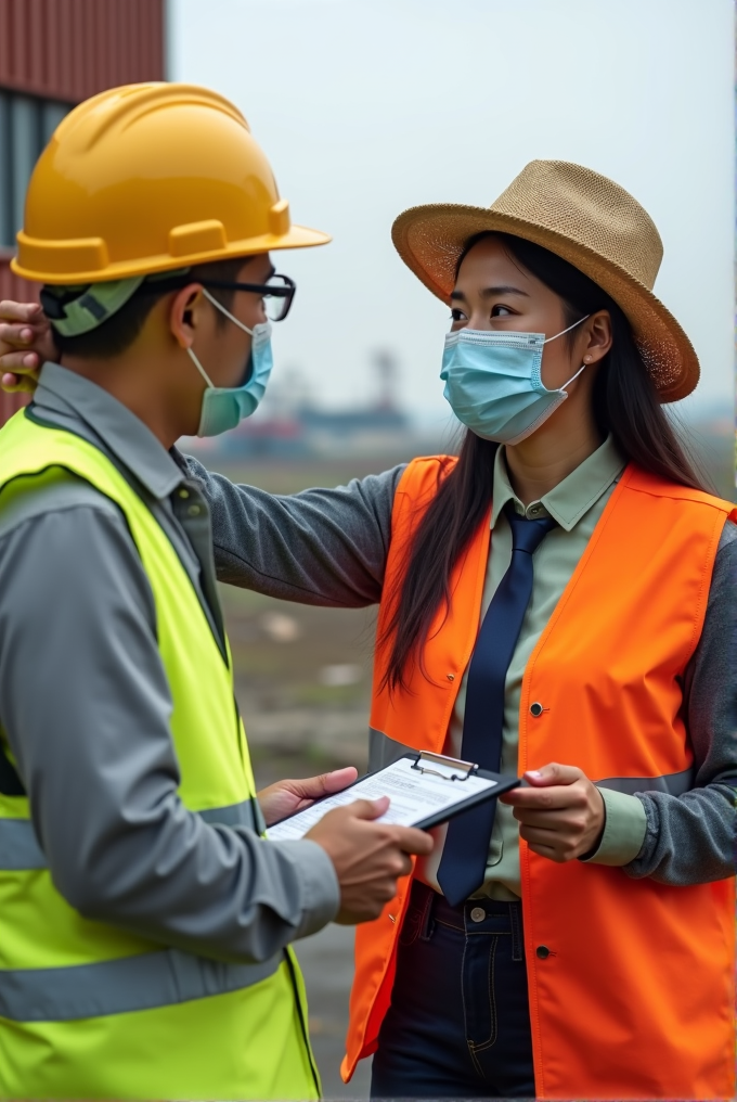 Two construction workers wearing safety gear and masks are engaged in a conversation, with one holding a clipboard.