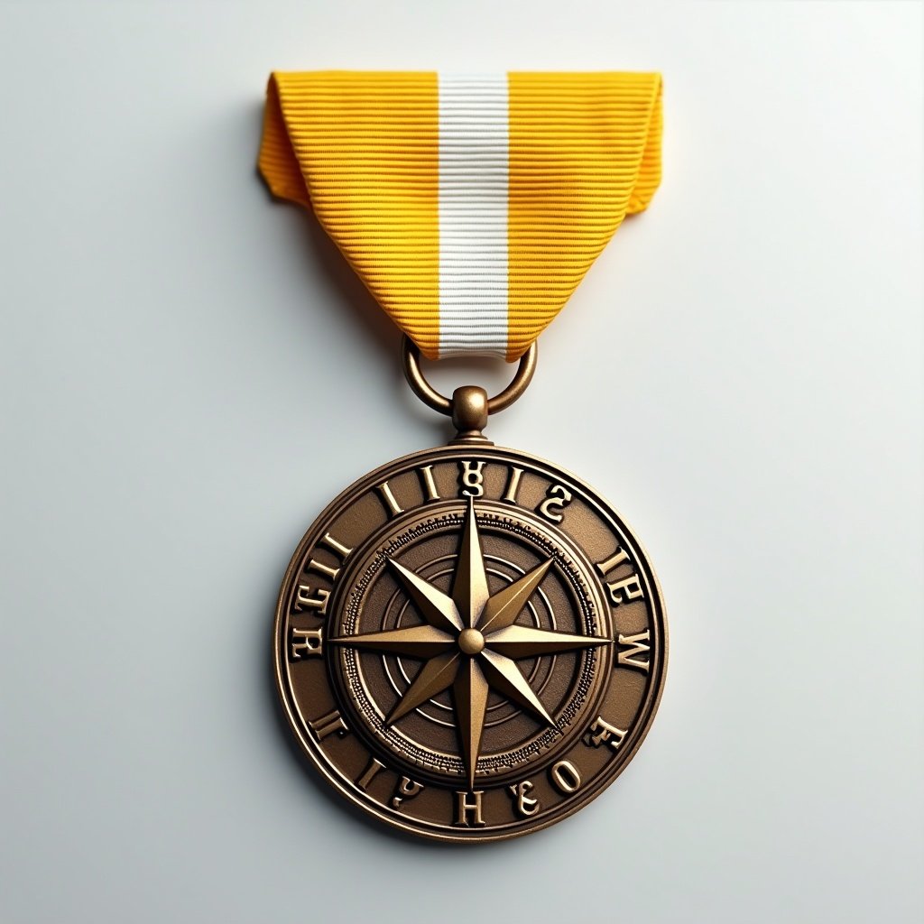 A war medal showcases a yellow and white ribbon. It features a compass design in the center. The inscription CHECC surrounds the outer edge of the medal.