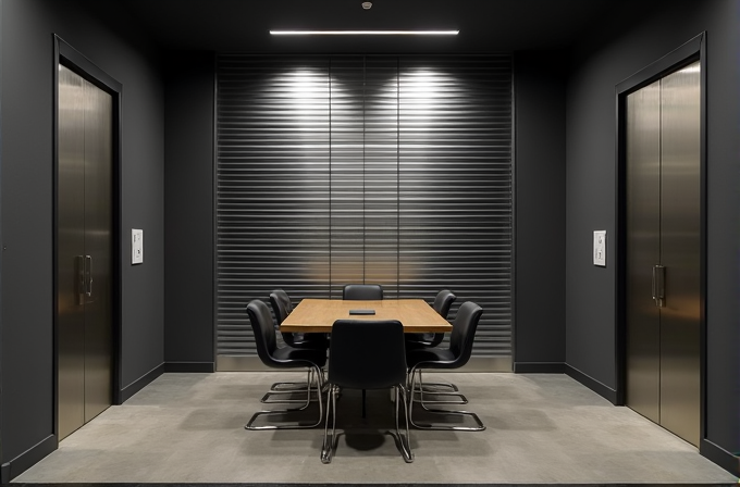 A modern conference room with a wooden table, surrounded by black chairs, flanked by two elevators.