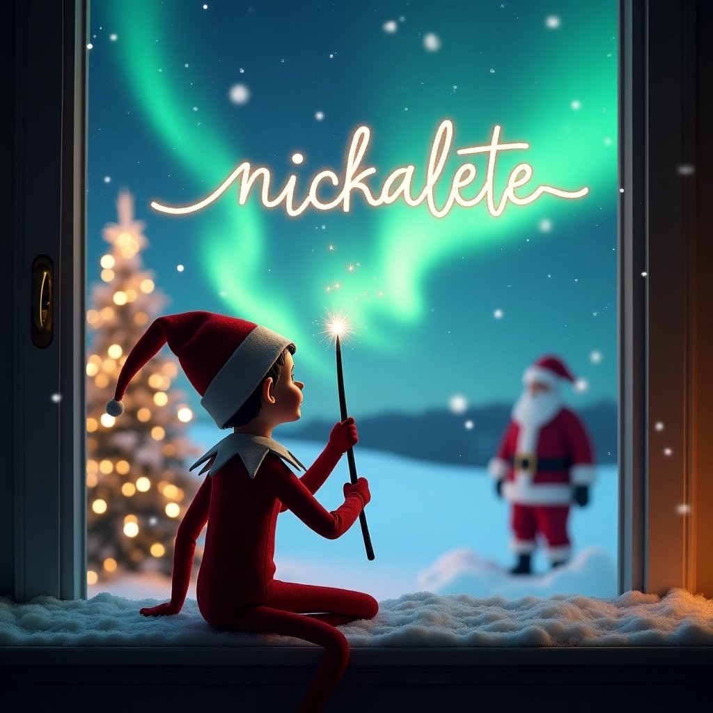 An enchanting Christmas scene features an elf on the shelf gazing up at a magical sky. The elf uses a wand to write the name nickalette in the air. The background has beautiful northern lights and a sparkling Christmas tree. Santa Claus is visible in the distance. Snow covers the window ledge.