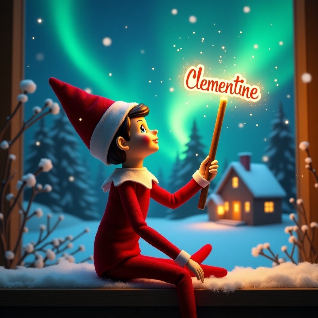 Elf sits with back to viewer. Elf gazes skyward holding a glowing wand. Charming Christmas scene with northern lights. Cozy house in the distance. Snow covers the ground. Elf embodies Christmas magic. Name 'Clementine' appears from the wand.