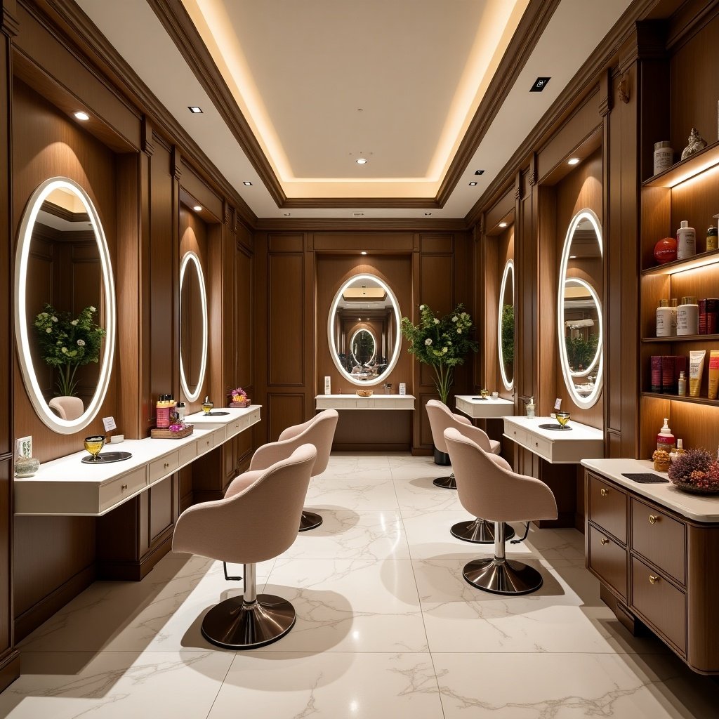 Interiors of a beauty salon featuring mirrors and modern furnishings. The salon has elegant styling with warm woods and soft lighting. Spacious layout with several salon chairs. Mirrored vanities reflect the luxurious atmosphere.