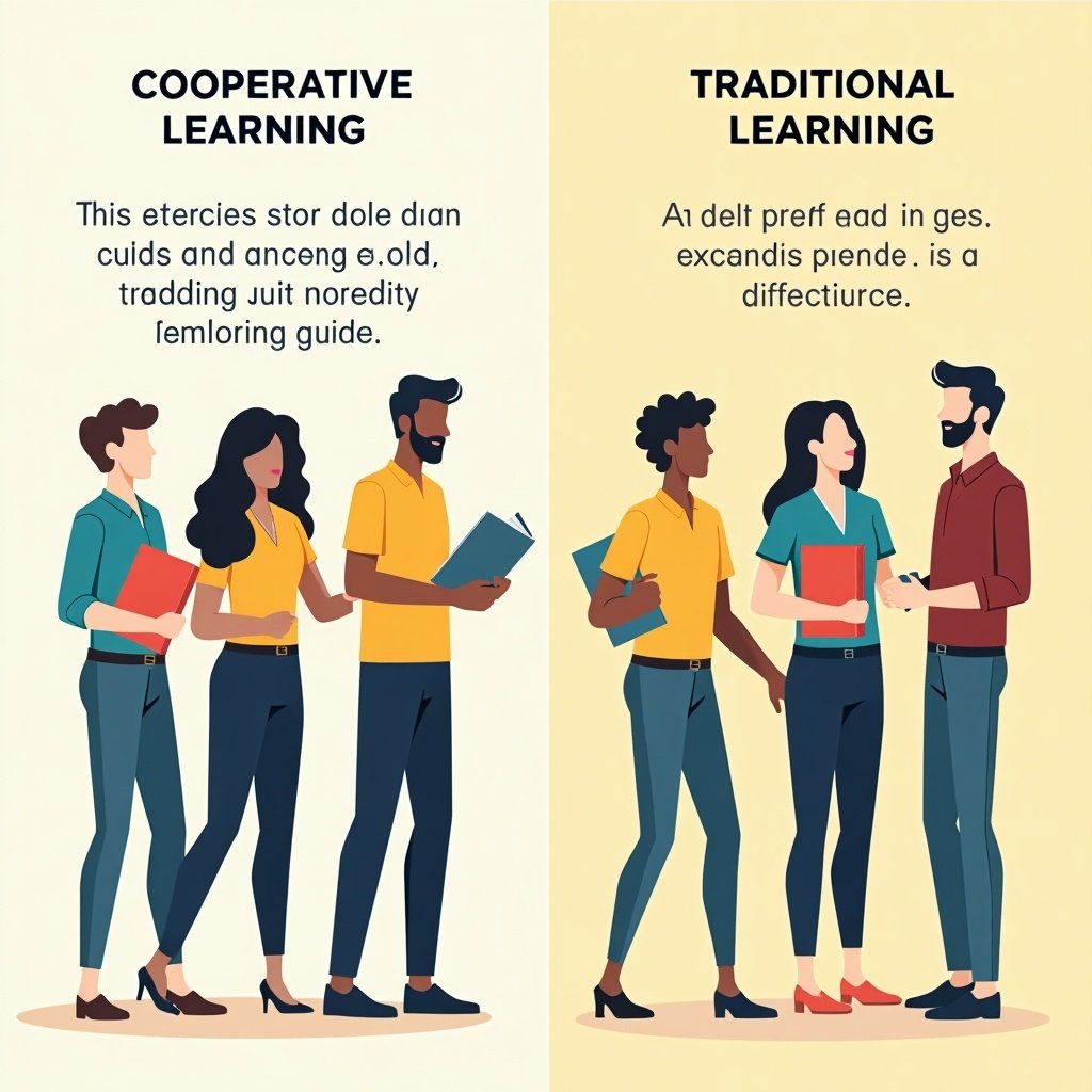 Illustration showing differences between cooperative and traditional learning. Two groups of students engaged in discussions. One group collaborates and interacts; the other group focuses on individual discussion. Vector style with soft colors.