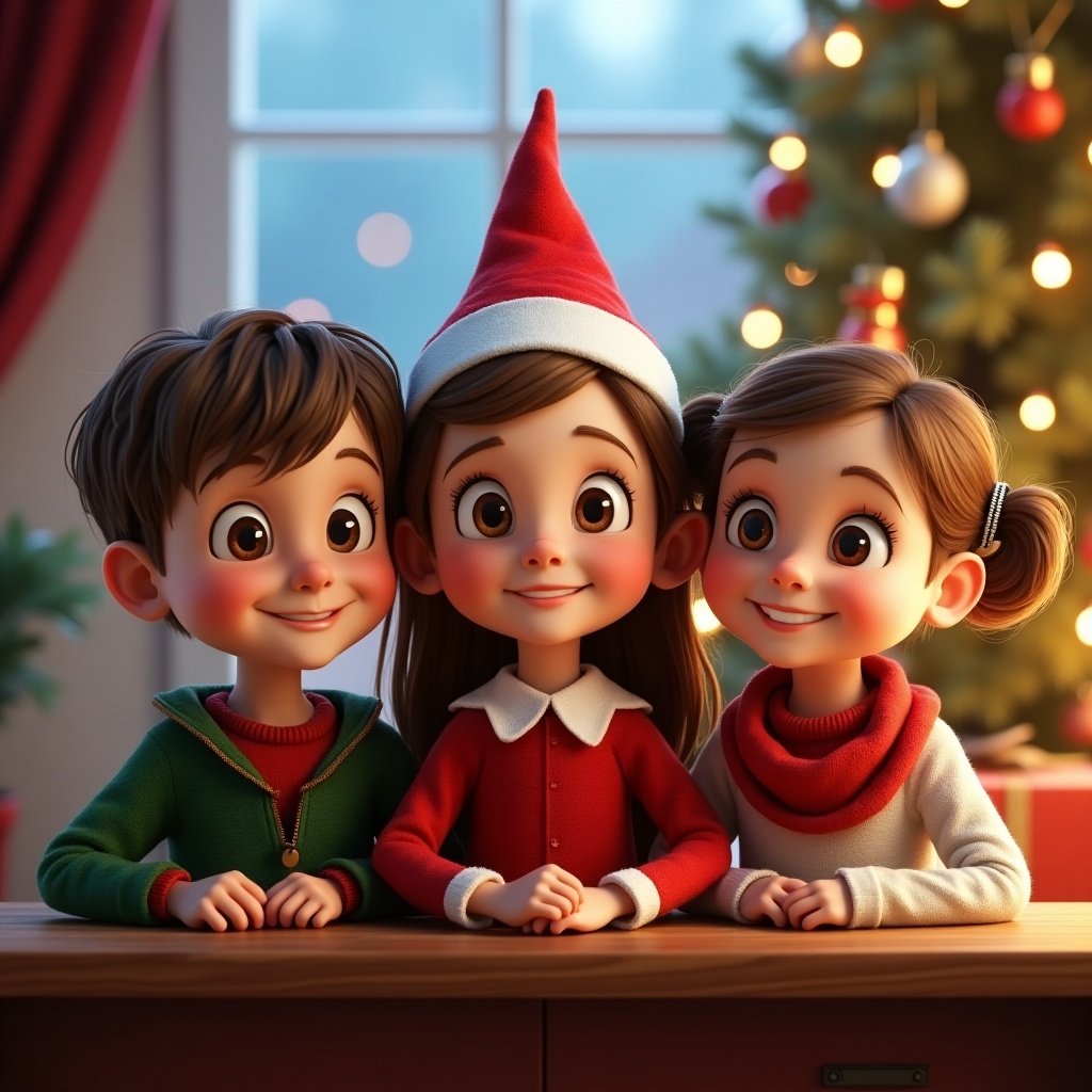 Three children pose with a traditional elf on the shelf. The first child is a boy aged seven with brown hair and eyes. The second child is a five-year-old girl with medium blonde hair and brown eyes. The third child is a three-year-old girl with short brown hair and brown eyes. Background features Christmas scenery.