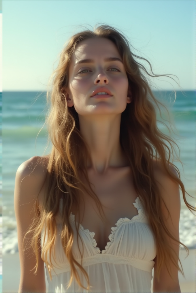 A woman with flowing hair stands at the beach, gazing thoughtfully into the distance under a bright sky.