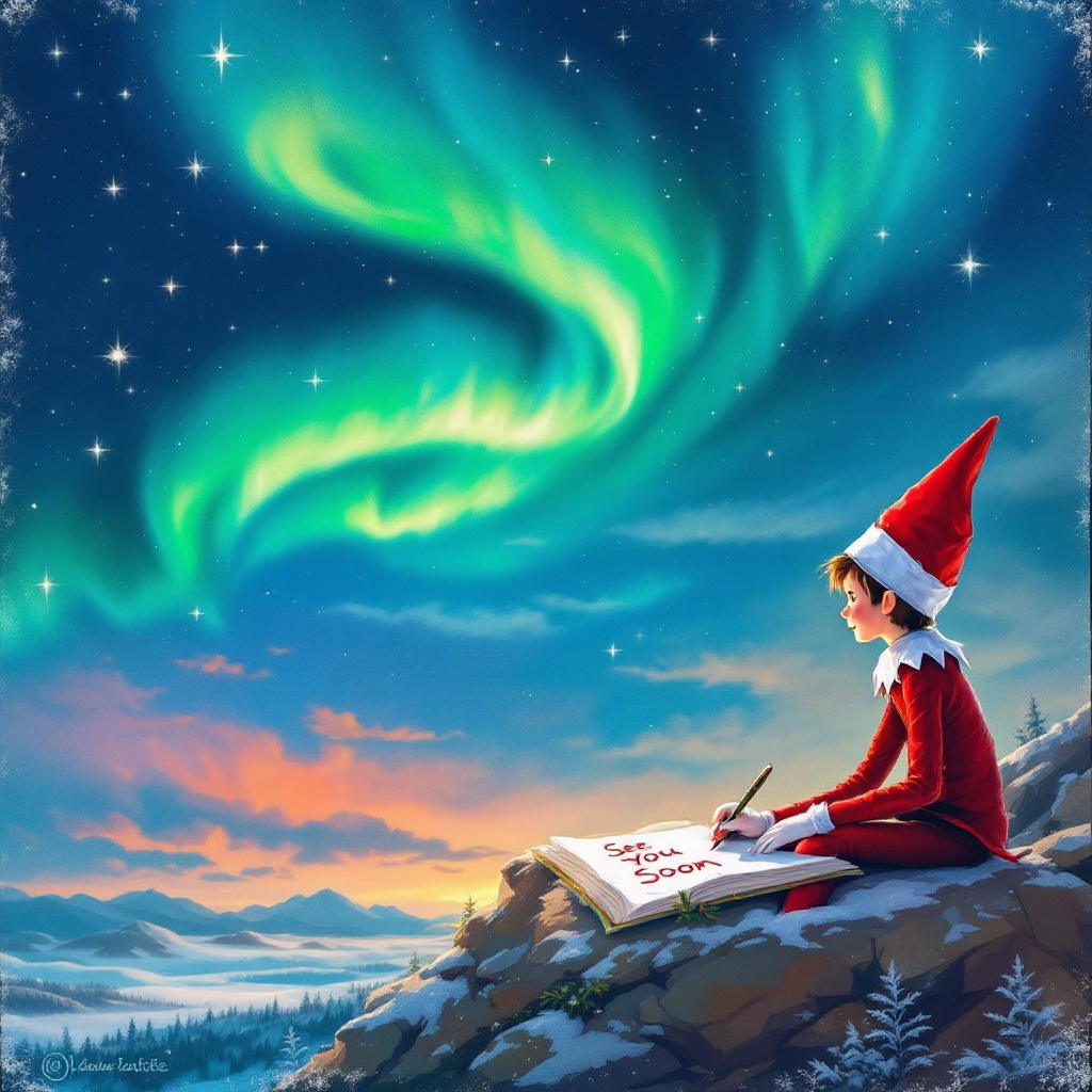 A whimsical Christmas scene featuring a young elf perched on a rocky ledge. The elf, dressed in a classic red outfit, is writing in a large book with the words 'See You Soon' inscribed. Above, vibrant northern lights swirl in the sky, illuminating the winter landscape. The atmosphere captures a sense of anticipation and magic as the elf prepares for the holiday season. Snow-covered mountains and a peaceful vista create a serene backdrop for this enchanting moment.