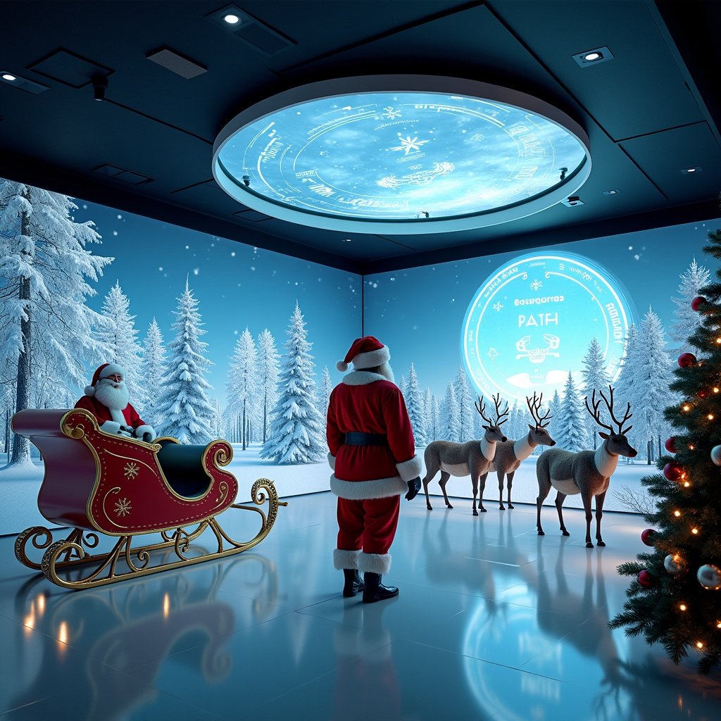 Santa Claus stands in a futuristic room with a holographic design projected on the ceiling. Snowy trees and sky visible outside. Sleigh is parked with reindeer nearby. Various glowing models and festive messages surround Santa.