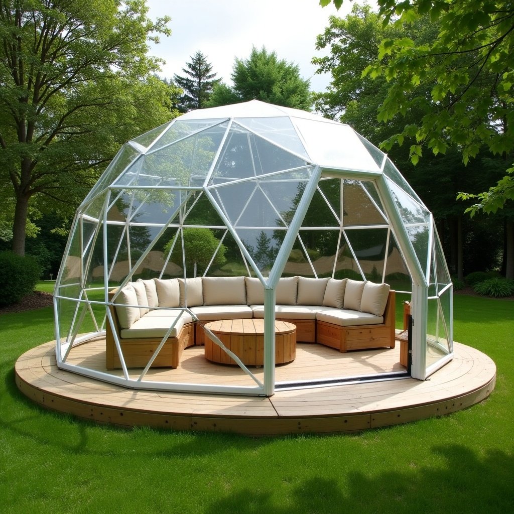 A unique outdoor setting featuring a geodesic dome made of clear plastic panels. Inside the dome is a comfortable seating area with a beige sofa and a small wooden table. The dome is situated on a circular wooden platform surrounded by lush green grass and trees.