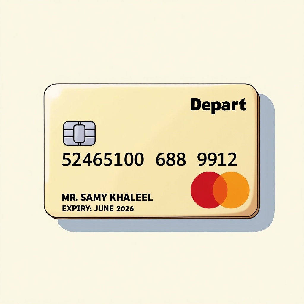 Realistic image of a credit card showcasing its details. Card has Mastercard logo clearly visible. The card number is displayed prominently. The cardholder's name appears aligned. Expiry date is shown at the bottom. Design is modern and sleek with a notable background. It represents a standard credit card.