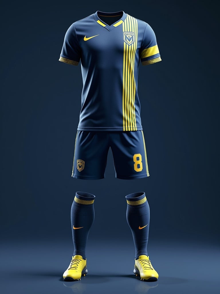 Create a professional soccer uniform with vintage and futuristic styles. Include a collared jersey in dark blue. Add matching shorts and socks. Use accents of white and neon yellow. Feature classic vertical stripes and modern gradients. Show team emblem and sponsor logo on the front. Back displays player's name and number with retro typography and glow effect. Integrate clean lines and reflective elements in shorts. Incorporate vintage-style ring patterns in socks.