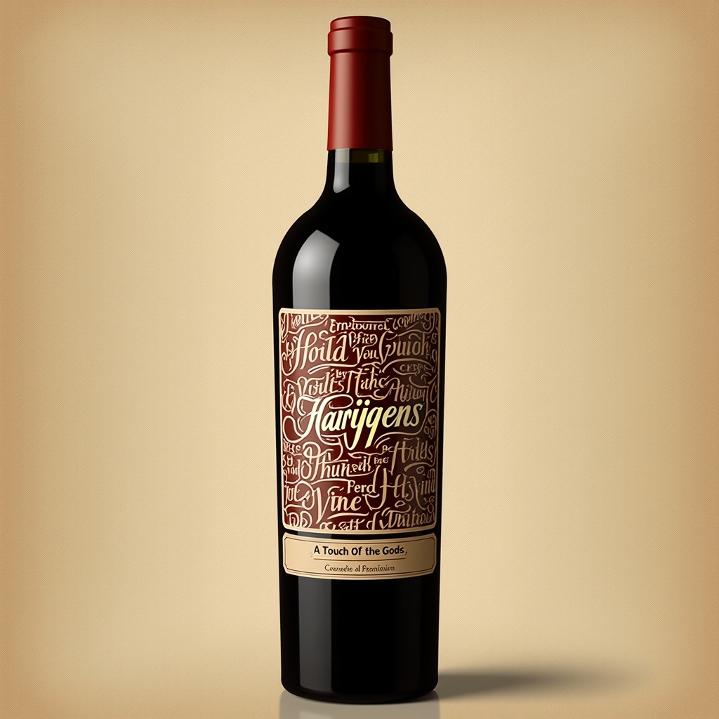 Wine label design for premium brand. Regular cursive typography around the bottle. Brand name is Harijgens. Subtle wine pattern in background. Deep browns and warm golds color palette. Short tagline at the bottom says A Touch Of The Gods. Convey luxury, craftsmanship, and Africanism.