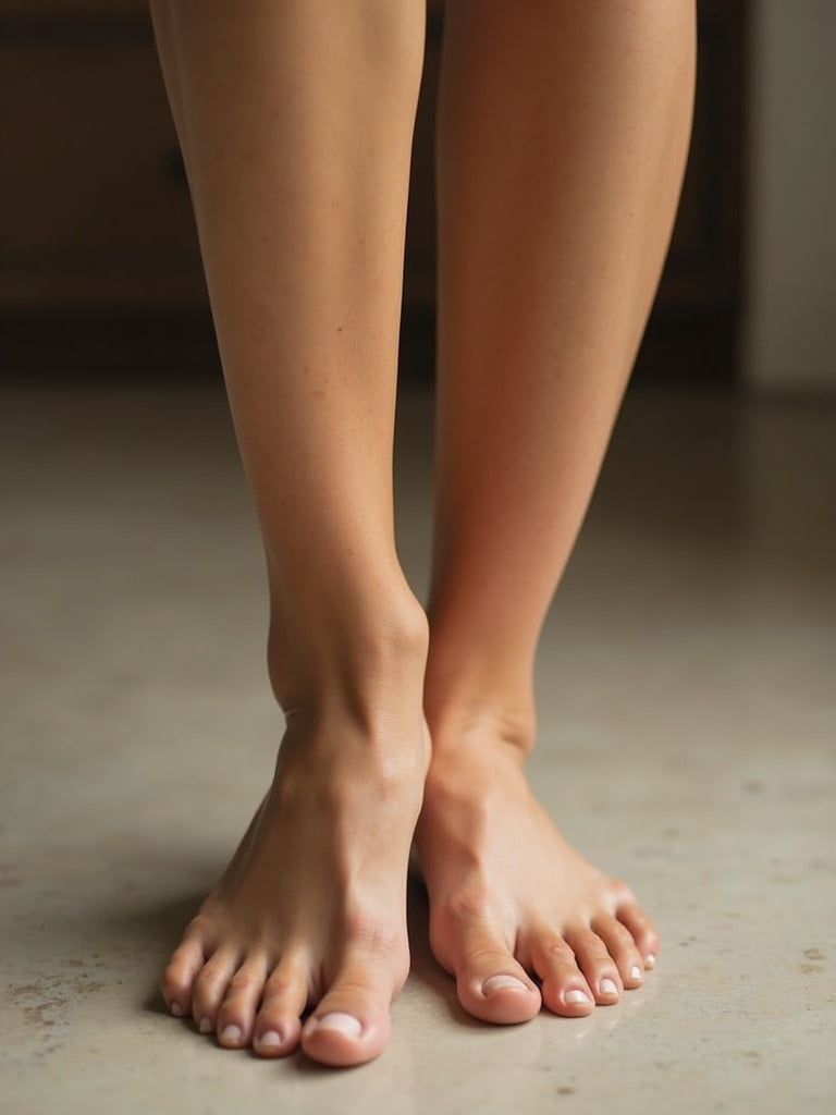 Close-up of a woman's bare feet. The woman wears nylon stockings. The focus is on the feet.