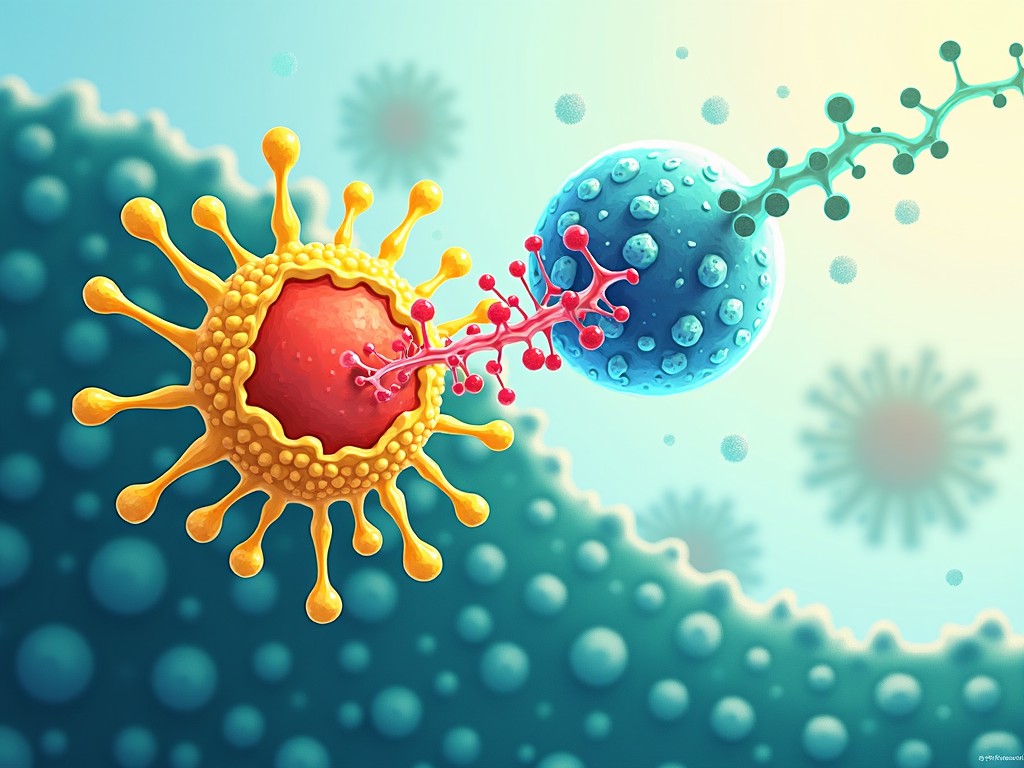 This illustration depicts an antibody binding to a cell, showcasing the intricate relationship between them. The antibody is represented in bright yellow, symbolizing its role in the immune response. The cell is depicted in a vivid blue, highlighting its surface features. The background features soft gradients, contributing to a scientific yet artistic ambiance. This image can be used in various educational and medical contexts to explain cellular interactions.