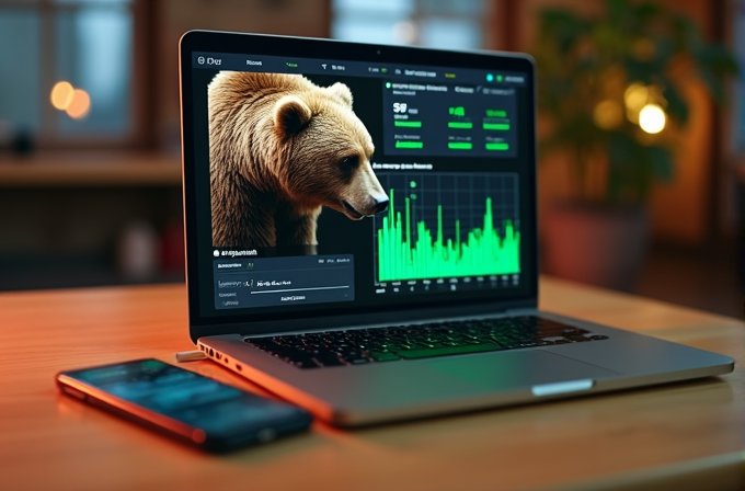 A laptop displays a bear and financial graphs, symbolizing market trends.